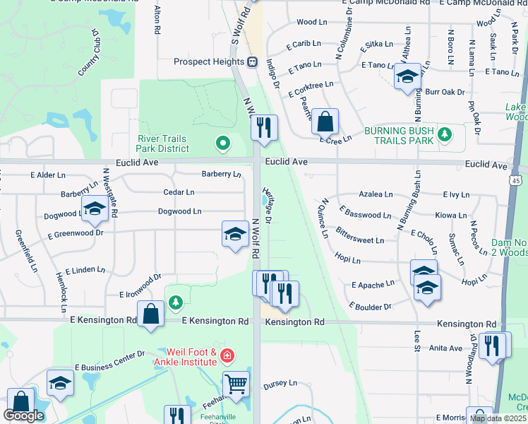 map of restaurants, bars, coffee shops, grocery stores, and more near 1114 Heritage Drive in Mount Prospect