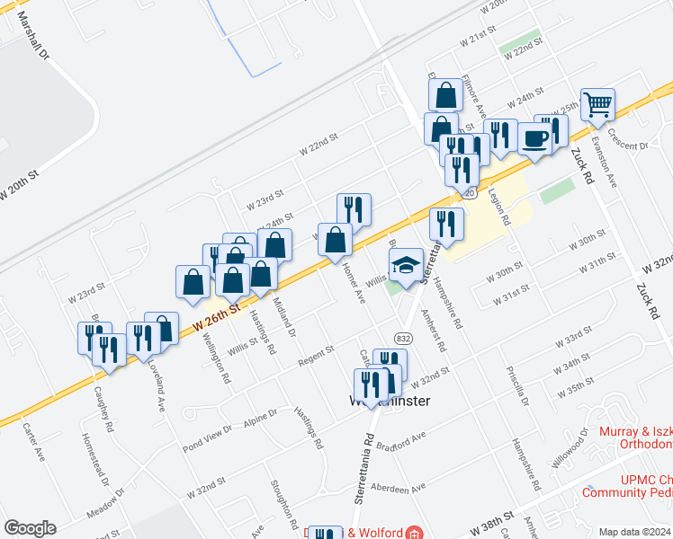 map of restaurants, bars, coffee shops, grocery stores, and more near 3141 West 26th Street in Erie