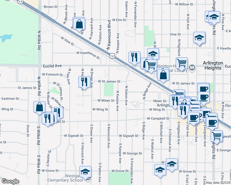 map of restaurants, bars, coffee shops, grocery stores, and more near 218 North Kaspar Avenue in Arlington Heights