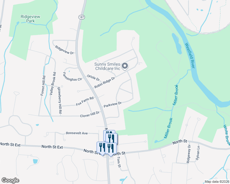 map of restaurants, bars, coffee shops, grocery stores, and more near 115 Thalia Drive in Agawam