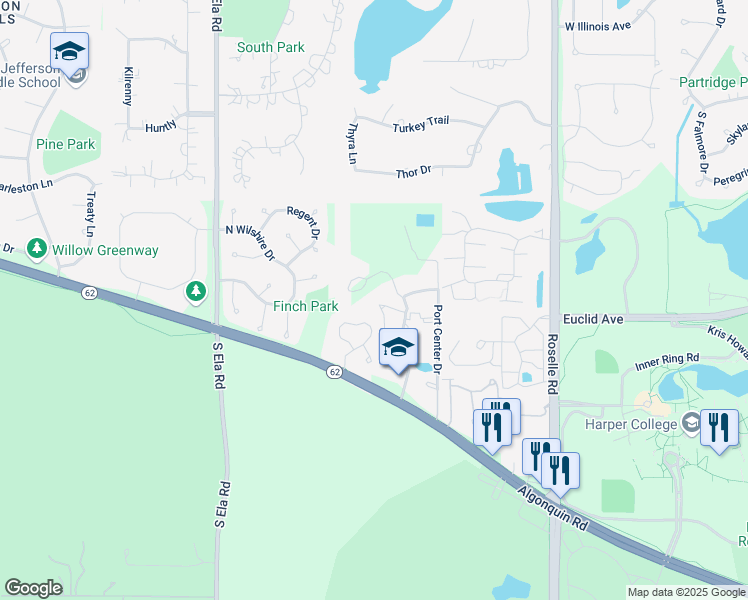 map of restaurants, bars, coffee shops, grocery stores, and more near 1620 Community Circle in Palatine