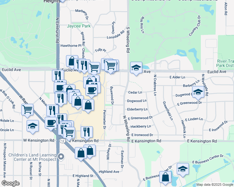 map of restaurants, bars, coffee shops, grocery stores, and more near 1165 North Boxwood Drive in Mount Prospect