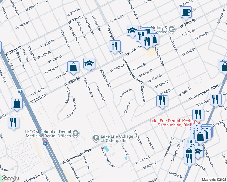 map of restaurants, bars, coffee shops, grocery stores, and more near 4103 Allegheny Rd in Erie