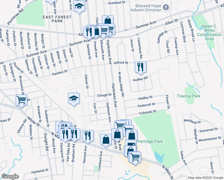 map of restaurants, bars, coffee shops, grocery stores, and more near 203 Ellsworth Avenue in Springfield