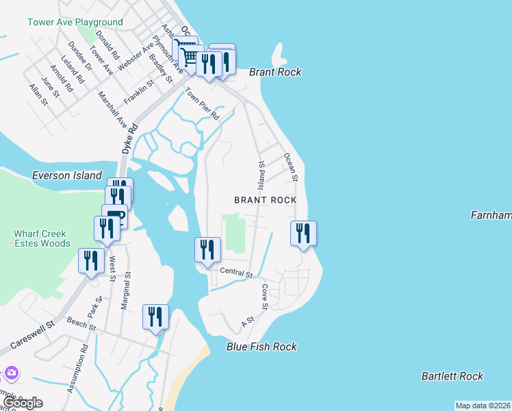 map of restaurants, bars, coffee shops, grocery stores, and more near 95 Island Street in Marshfield