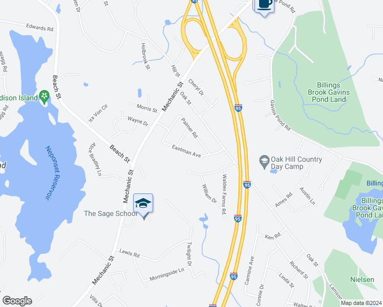 map of restaurants, bars, coffee shops, grocery stores, and more near 13 Eastman Avenue in Foxborough