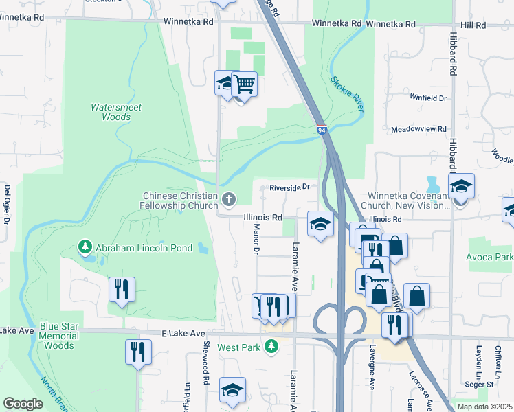 map of restaurants, bars, coffee shops, grocery stores, and more near 1211 Manor Drive in Wilmette