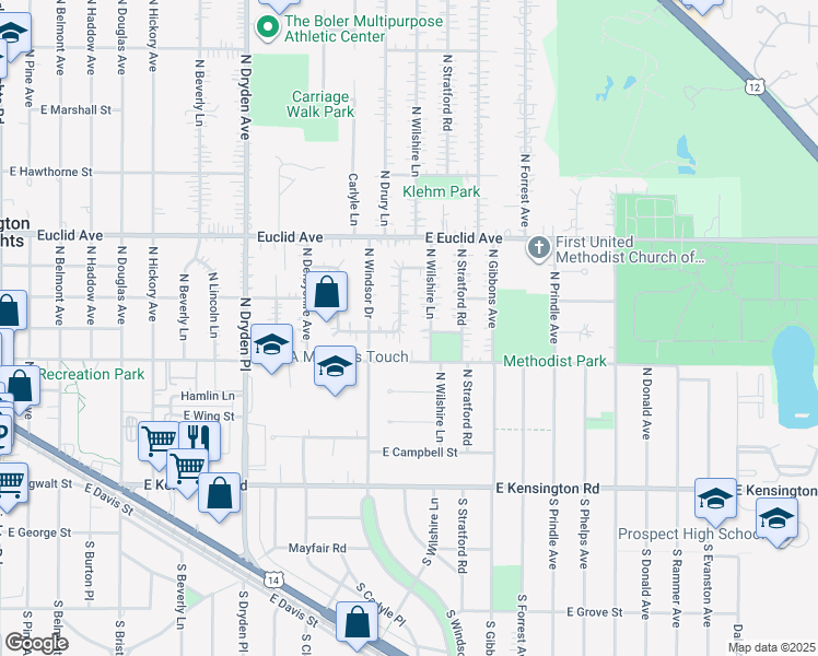 map of restaurants, bars, coffee shops, grocery stores, and more near 303 North Drury Lane in Arlington Heights