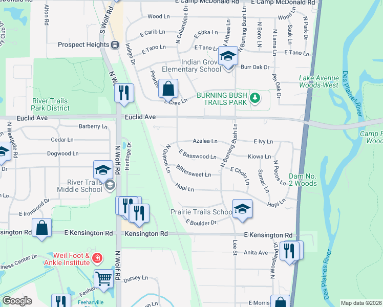 map of restaurants, bars, coffee shops, grocery stores, and more near 1808 North Basswood Lane in Mount Prospect