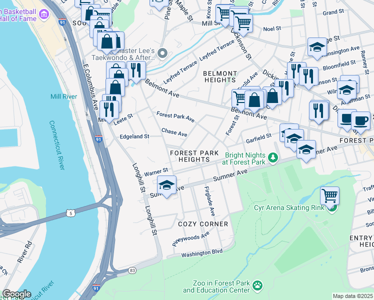 map of restaurants, bars, coffee shops, grocery stores, and more near 50 Riverview Terrace in Springfield