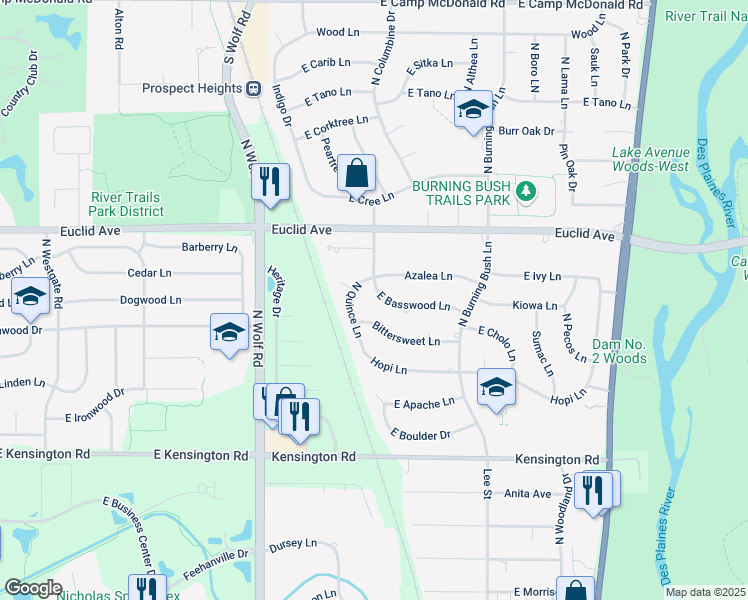 map of restaurants, bars, coffee shops, grocery stores, and more near 1805 East Basswood Lane in Mount Prospect