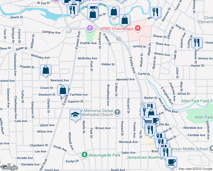 map of restaurants, bars, coffee shops, grocery stores, and more near 212 Broadhead Avenue in Jamestown