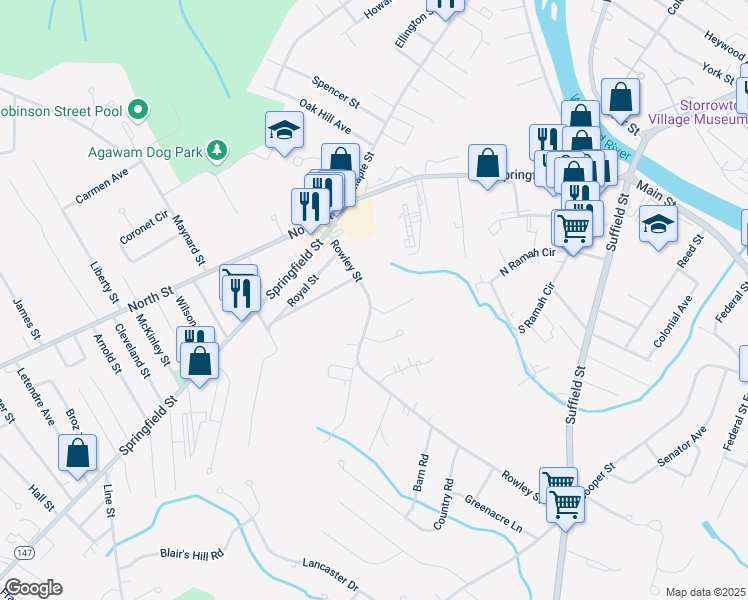 map of restaurants, bars, coffee shops, grocery stores, and more near 67 Rowley Street in Agawam