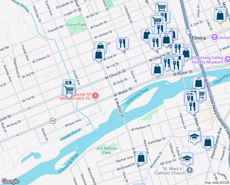 map of restaurants, bars, coffee shops, grocery stores, and more near 104 Walnut Street in Elmira