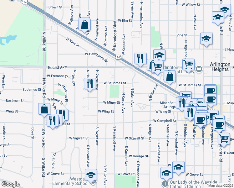 map of restaurants, bars, coffee shops, grocery stores, and more near 237 South Kennicott Avenue in Arlington Heights