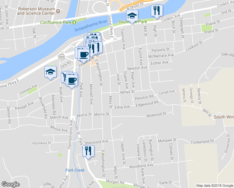 map of restaurants, bars, coffee shops, grocery stores, and more near 22 James Street in Binghamton