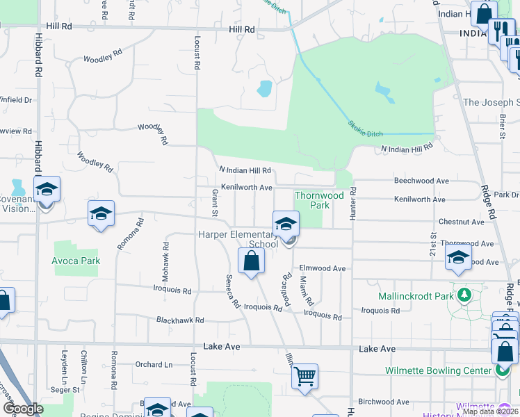 map of restaurants, bars, coffee shops, grocery stores, and more near 1220 Cleveland Street in Wilmette