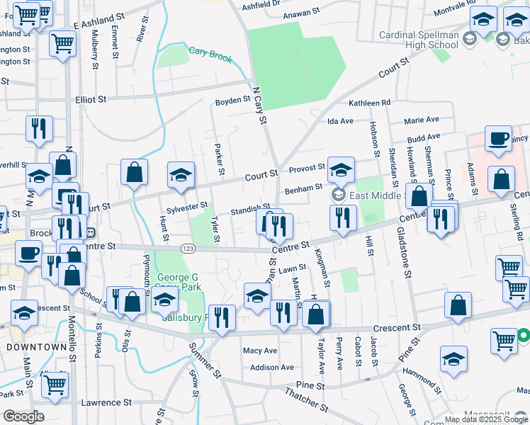 map of restaurants, bars, coffee shops, grocery stores, and more near 39 Mason Street in Brockton