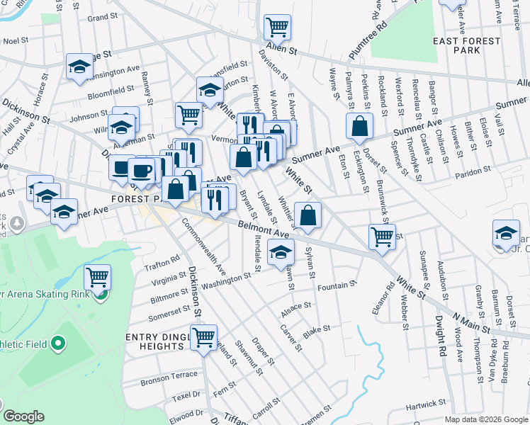 map of restaurants, bars, coffee shops, grocery stores, and more near 68 Lyndale Street in Springfield