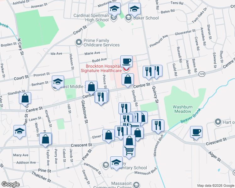 map of restaurants, bars, coffee shops, grocery stores, and more near 12 Brockton Avenue in Brockton