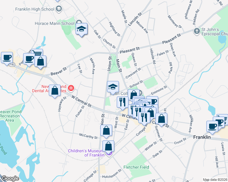 map of restaurants, bars, coffee shops, grocery stores, and more near 133 School Street in Franklin