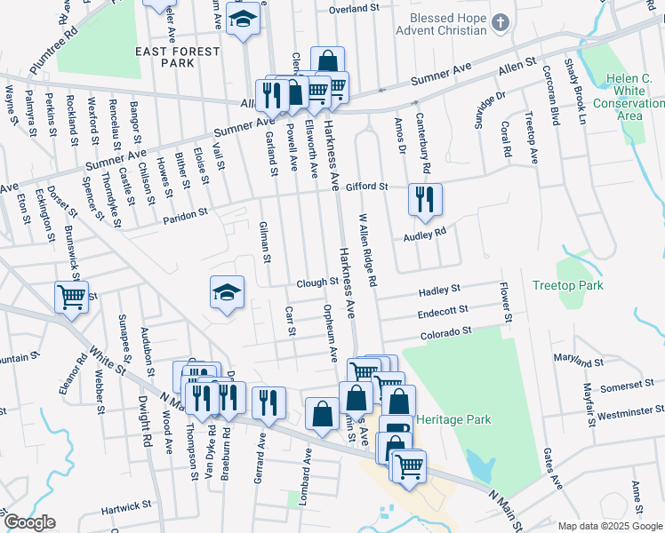 map of restaurants, bars, coffee shops, grocery stores, and more near 203 Ellsworth Avenue in Springfield