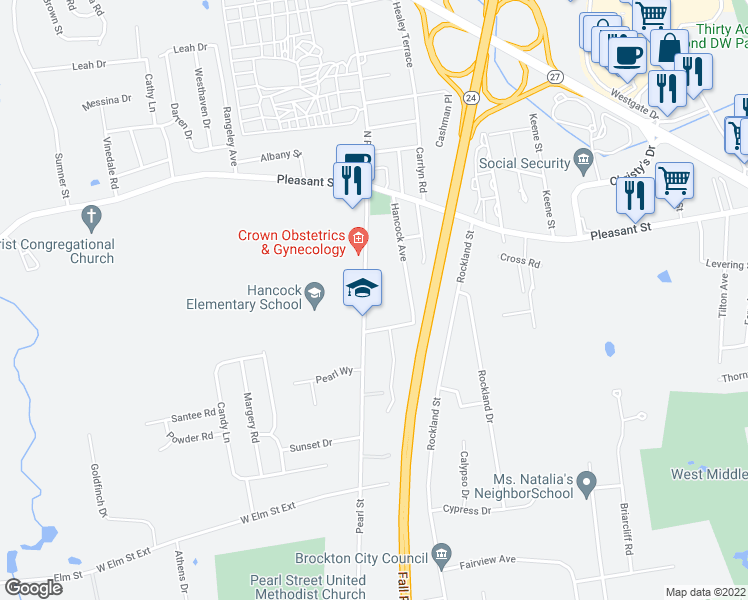 map of restaurants, bars, coffee shops, grocery stores, and more near 104 Pearl Street in Brockton