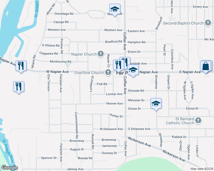 map of restaurants, bars, coffee shops, grocery stores, and more near 1803 Heath Court in Benton Harbor