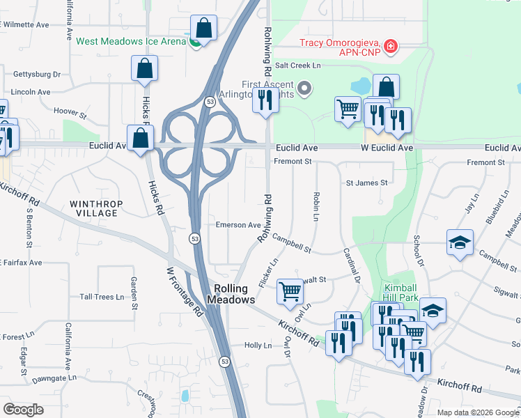 map of restaurants, bars, coffee shops, grocery stores, and more near 2305 Rohlwing Rd in Rolling Meadows
