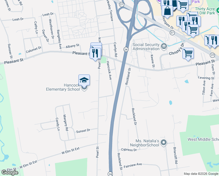 map of restaurants, bars, coffee shops, grocery stores, and more near 99 Hancock Avenue in Brockton