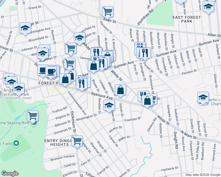 map of restaurants, bars, coffee shops, grocery stores, and more near 87 Whittier Street in Springfield