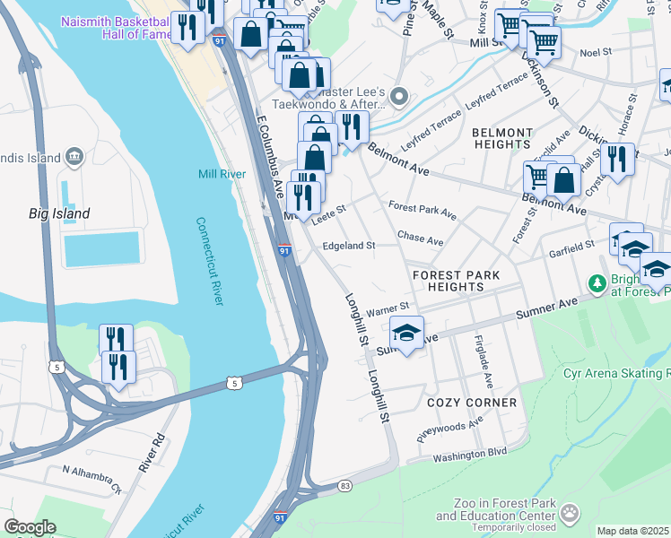map of restaurants, bars, coffee shops, grocery stores, and more near 89 Longhill Street in Springfield