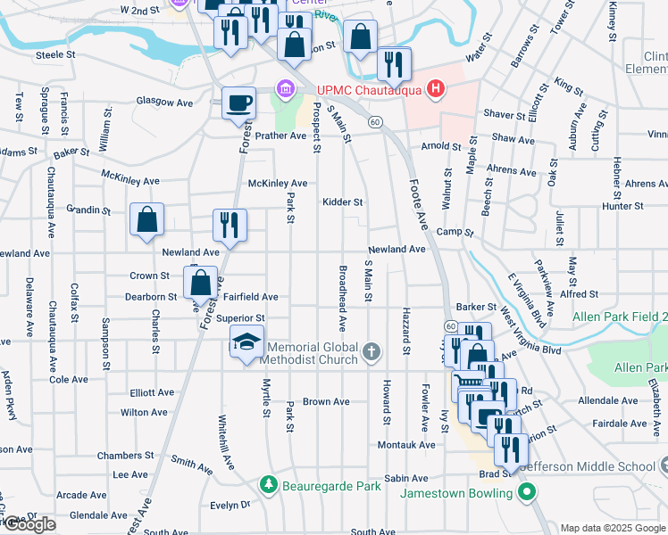map of restaurants, bars, coffee shops, grocery stores, and more near 212 Broadhead Avenue in Jamestown