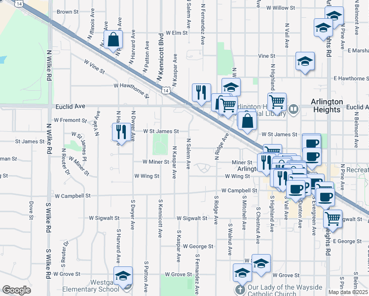 map of restaurants, bars, coffee shops, grocery stores, and more near 202 North Salem Avenue in Arlington Heights
