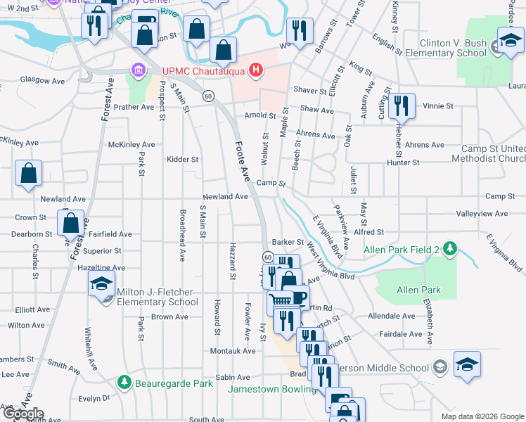 map of restaurants, bars, coffee shops, grocery stores, and more near 16 Camp Street in Jamestown