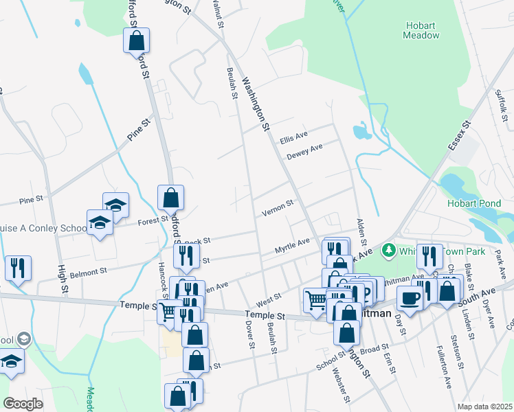 map of restaurants, bars, coffee shops, grocery stores, and more near 297 Beulah Street in Whitman