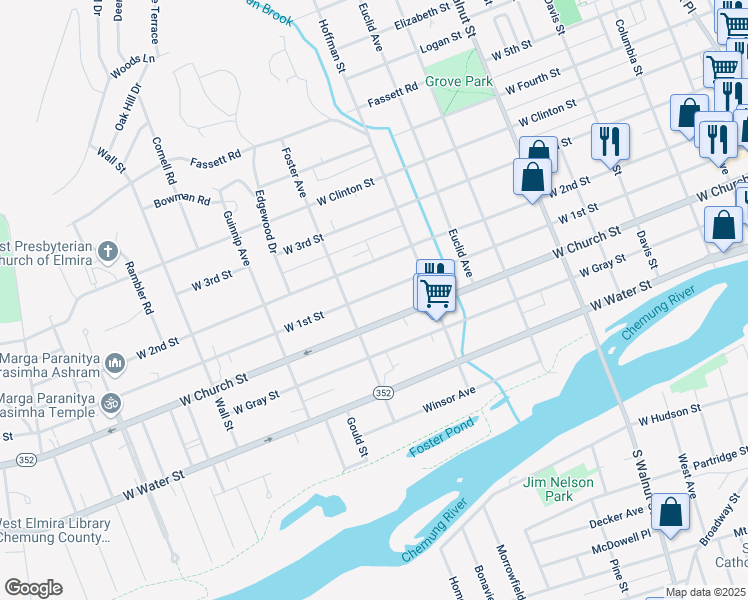 map of restaurants, bars, coffee shops, grocery stores, and more near 731 West 1st Street in Elmira