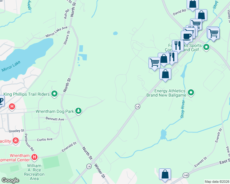 map of restaurants, bars, coffee shops, grocery stores, and more near 635 Dedham Street in Wrentham