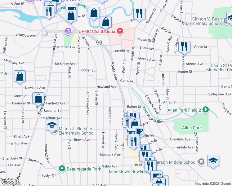 map of restaurants, bars, coffee shops, grocery stores, and more near 16 Camp Street in Jamestown
