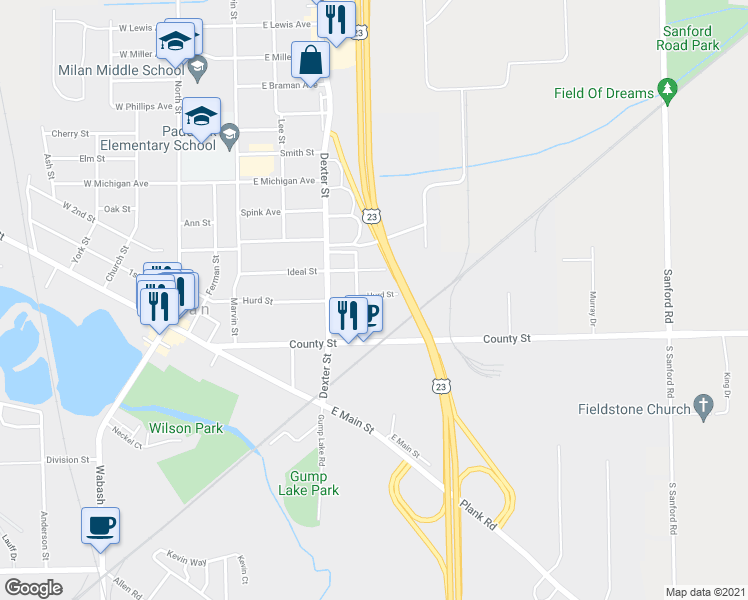 map of restaurants, bars, coffee shops, grocery stores, and more near 518 Hurd Street in Milan