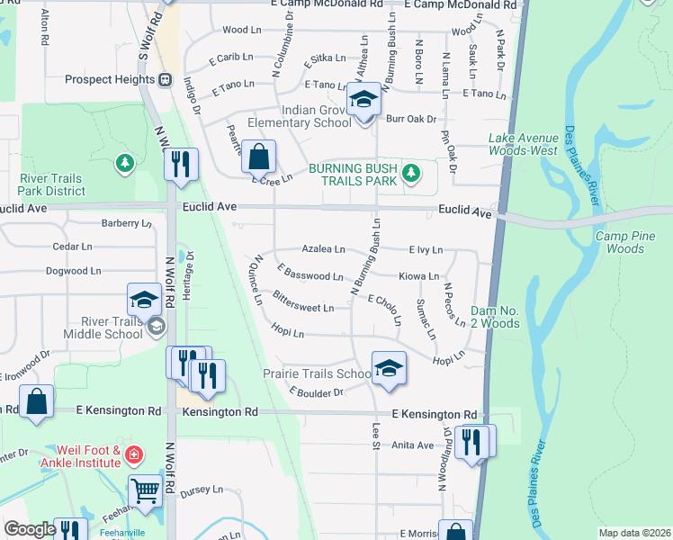 map of restaurants, bars, coffee shops, grocery stores, and more near 1822 North Basswood Lane in Mount Prospect