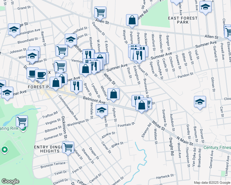 map of restaurants, bars, coffee shops, grocery stores, and more near 18-20 Longfellow Terrace in Springfield