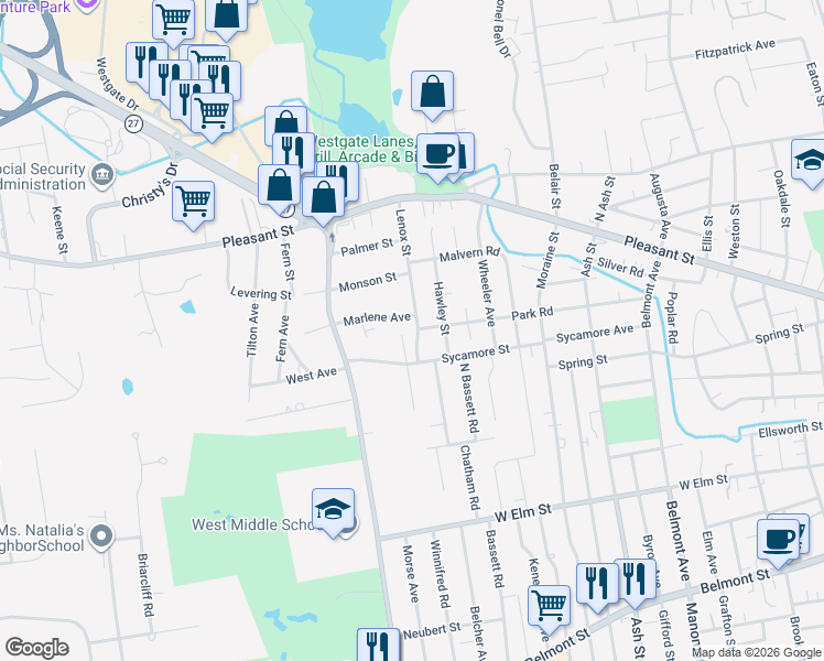 map of restaurants, bars, coffee shops, grocery stores, and more near 117 Lenox Street in Brockton
