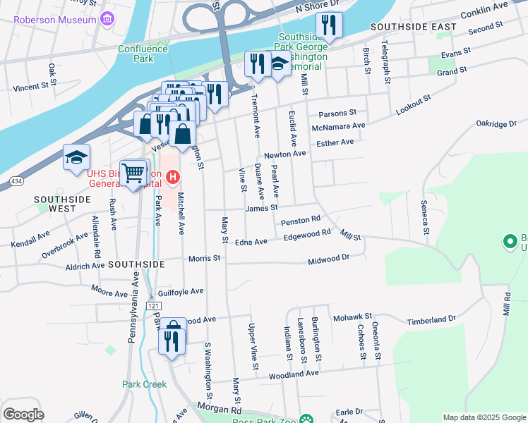 map of restaurants, bars, coffee shops, grocery stores, and more near 36 James Street in Binghamton