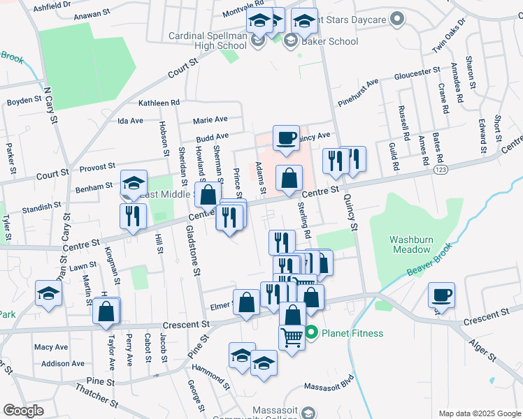 map of restaurants, bars, coffee shops, grocery stores, and more near 2 Galen Street in Brockton