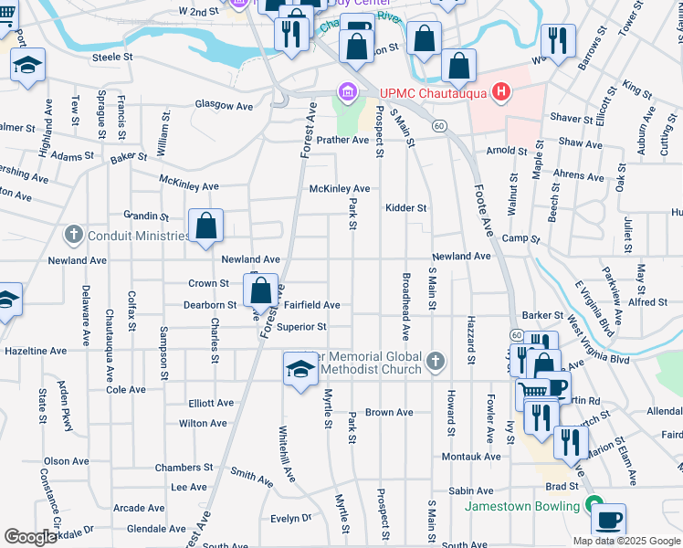 map of restaurants, bars, coffee shops, grocery stores, and more near 106 Park Street in Jamestown
