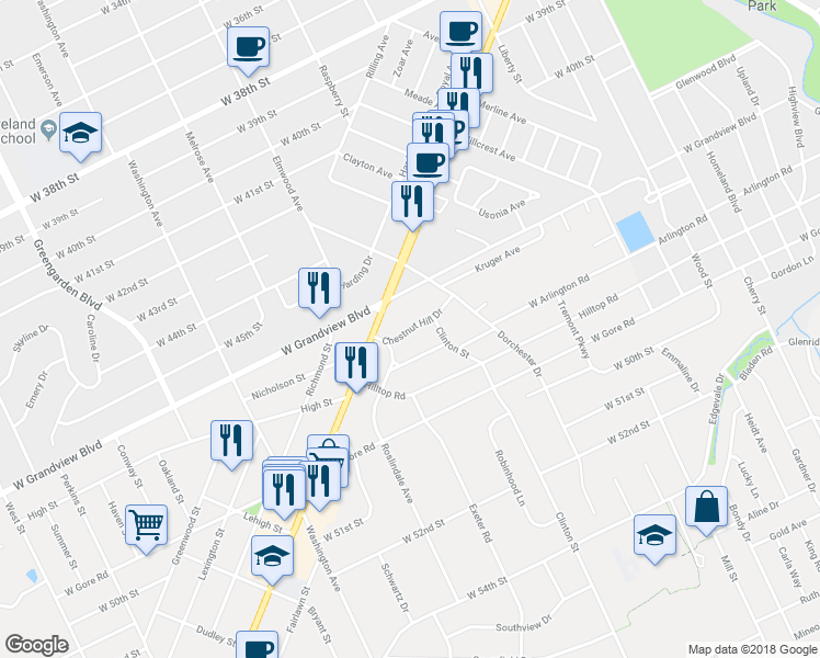 map of restaurants, bars, coffee shops, grocery stores, and more near 1129 Chestnut Hill Drive in Erie