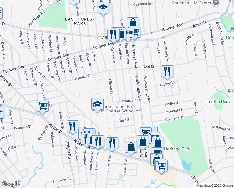 map of restaurants, bars, coffee shops, grocery stores, and more near 186 Garland Street in Springfield