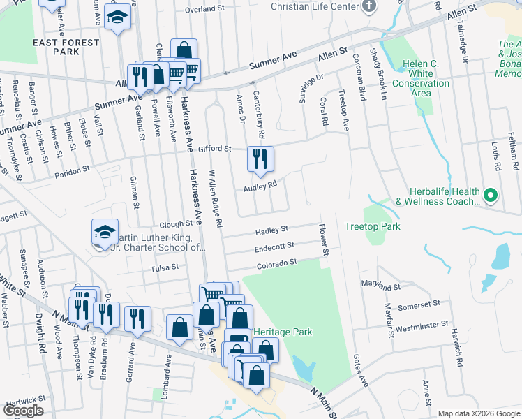 map of restaurants, bars, coffee shops, grocery stores, and more near 215 Mount Holly Drive in Springfield