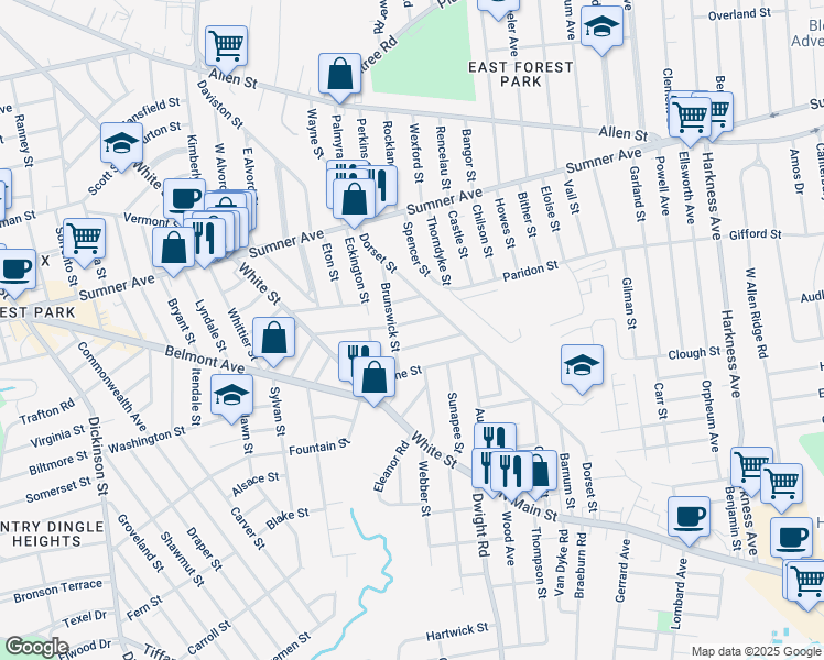 map of restaurants, bars, coffee shops, grocery stores, and more near 87 Brunswick Street in Springfield